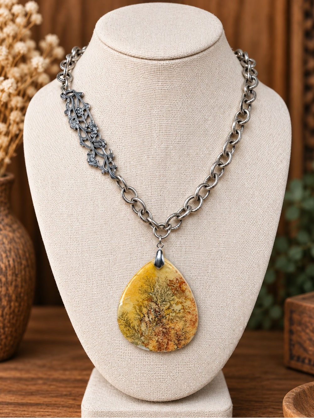 🌿 Antique Silver & Dendritic Agate Necklace | Silver Lace Connector
